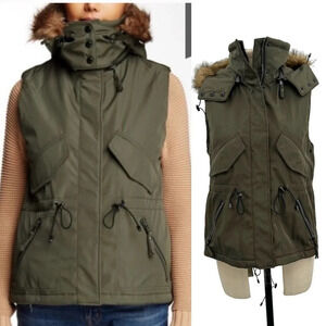 S13/NYC Trapper Vest w Detachable Faux Fur Hood Olive Green Size Small‎